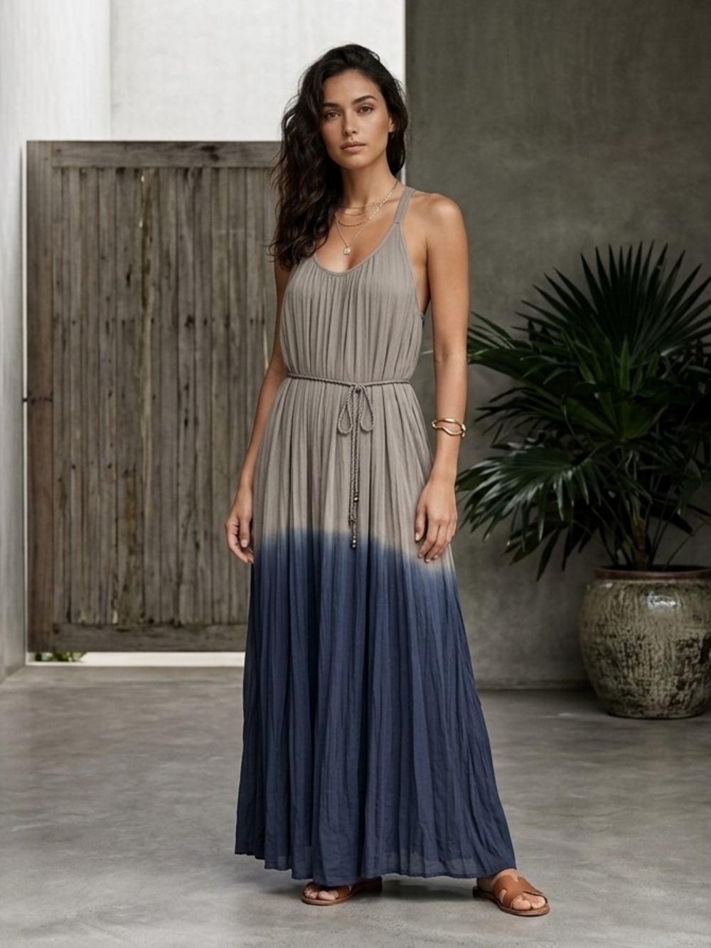Size XL For Women Sleeveless Ombre Maxi Dress in Taupe to Navy